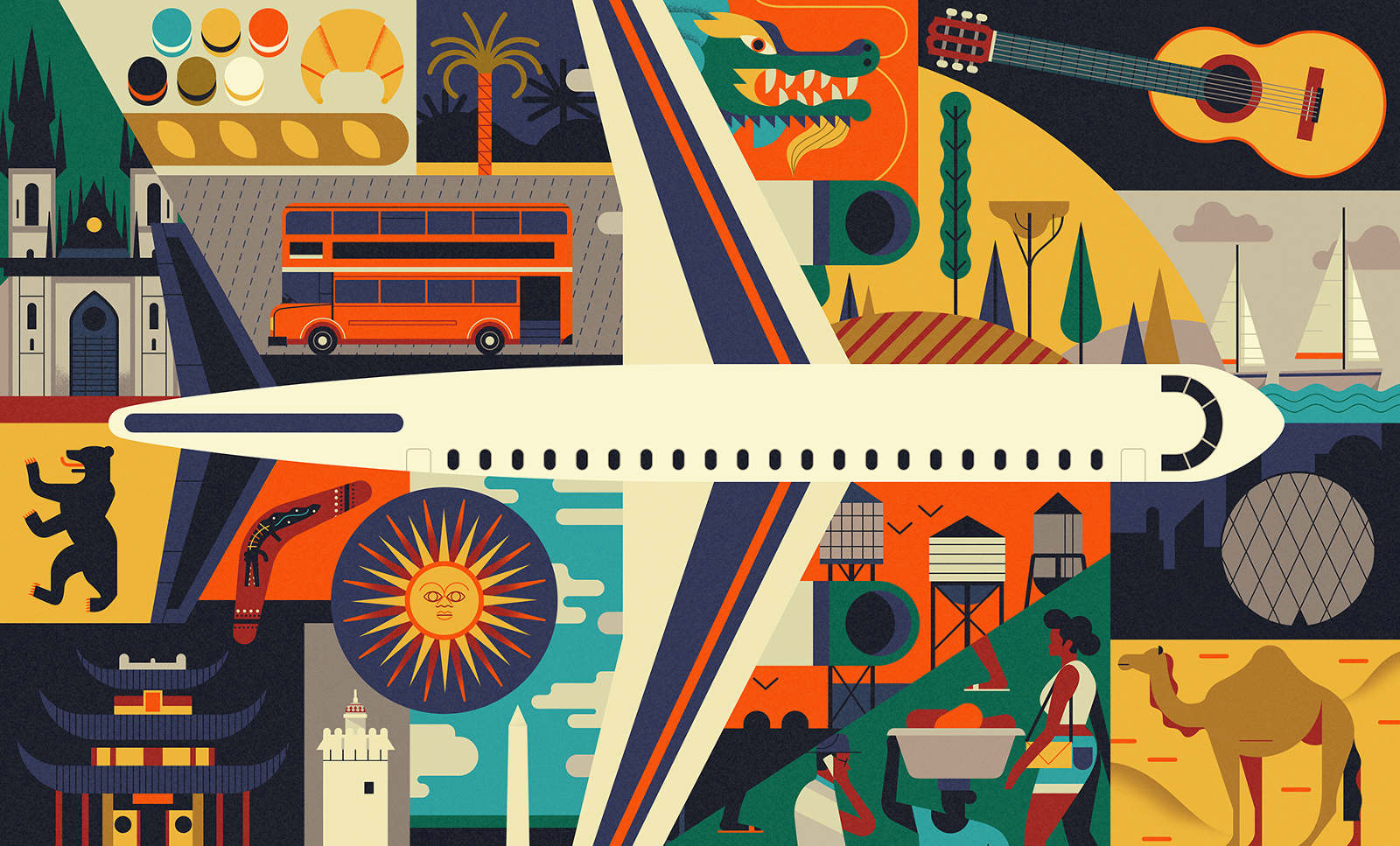 NYU-New-York-Illustration-Owen-Davey-Travel-Plane-London-Bus-Guitar-Tuscany-Camel-Dubai-Shanghai-Dragon-Baguette-Berlin-Boomerang-Skyline-Argentina_1600_c